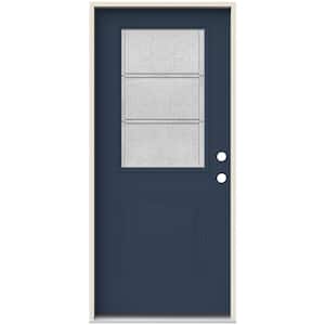 36 in. x 80 in. Left-Hand 1/2 Lite Eastfield Decorative Glass Blue Painted Fiberglass Prehung Front Door with Brickmould