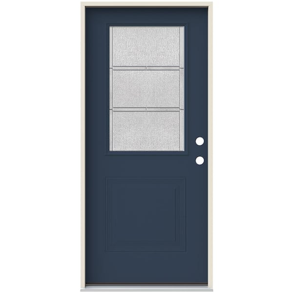 JELD-WEN 36 in. x 80 in. Left-Hand 1/2 Lite Eastfield Decorative Glass Blue Painted Fiberglass Prehung Front Door with Brickmould