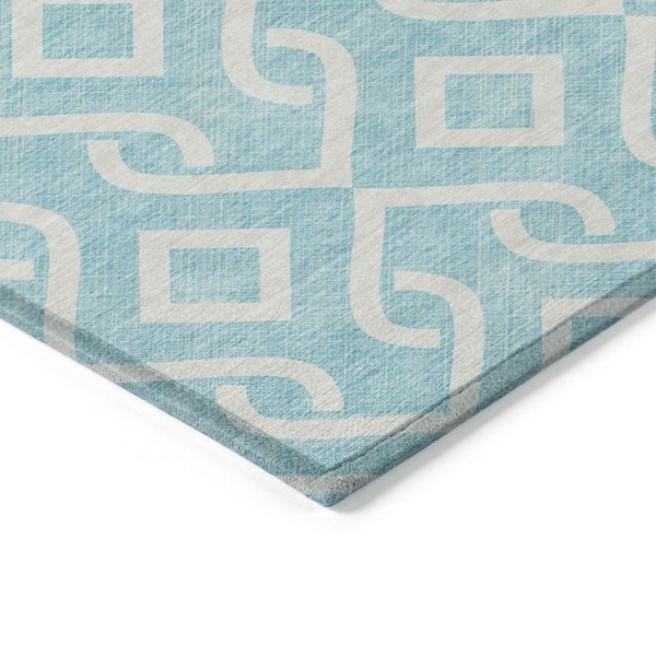 Aqua, Ivory 10 ft. x 14 ft. Woven Geometric Polyester Rectangle Indoor/Outdoor Area Rug
