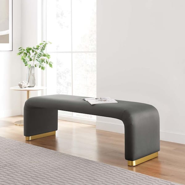 MODWAY Koda in Brass Storm Gray 59.5 in. Performance Velvet Waterfall Long Bedroom Bench