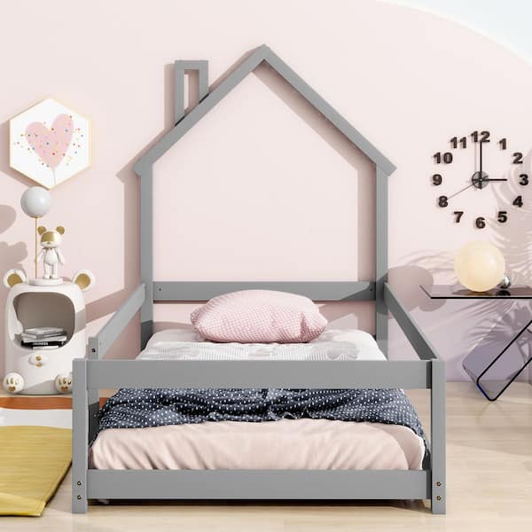 Gray Wood Frame Twin Platform Bed with House-Style Headboard, Guardrails, Solid Wood for Kids, Toddlers, or Teens