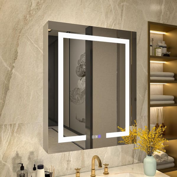 24 in. W x 30 in. H Rectangular Silver Aluminum Recessed/Surface Mount Medicine Cabinet with Mirror LED(Left Open)