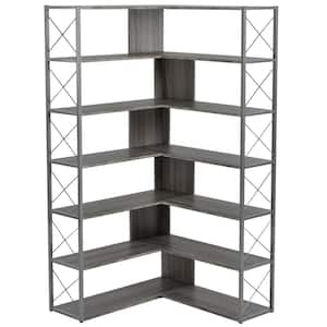 37.40 in. Wide Sliver and Gray Wood 7-Tier L-Shaped Bookcase, Corner Bookcase with Metal Frame