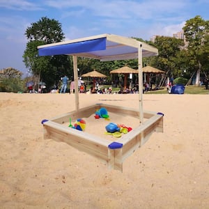 45.3"L x 45.3"W x 46.5"H Children's Wood Sandbox With Adjustable Canopy Kids Gift Game Wood Playset Outdoor Golden Red