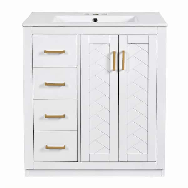 30 in. W x 18 in. D x 34 in. H Single Sink Freestanding Bath Vanity in White with White Ceramic Top