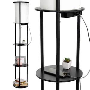 62.5 in. Black Round Modern Floor Lamp Shelf Etagere Organizer Storage with 2 USB Charging Ports, 1 Charging Outlet