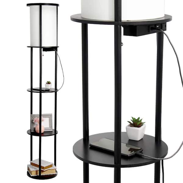Simple Designs 62.5 in. Black Round Modern Floor Lamp Shelf Etagere Organizer Storage with 2 USB Charging Ports, 1 Charging Outlet
