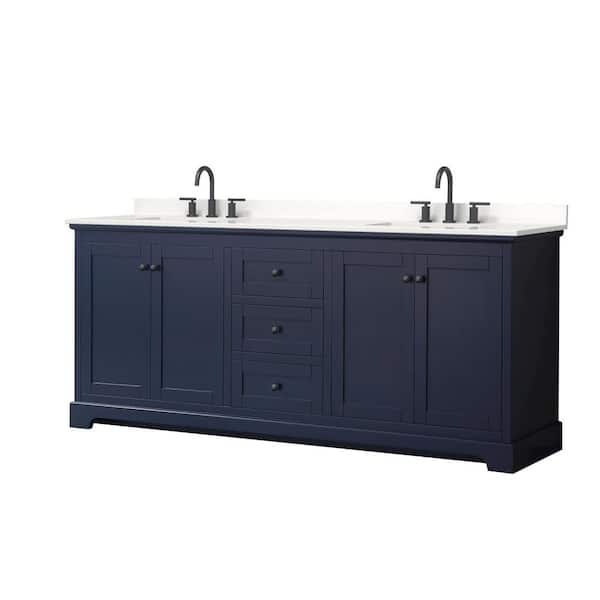 Wyndham Collection Avery 80 in. W x 22 in. D x 35 in. H Double Bath Vanity in Dark Blue with White Quartz Top
