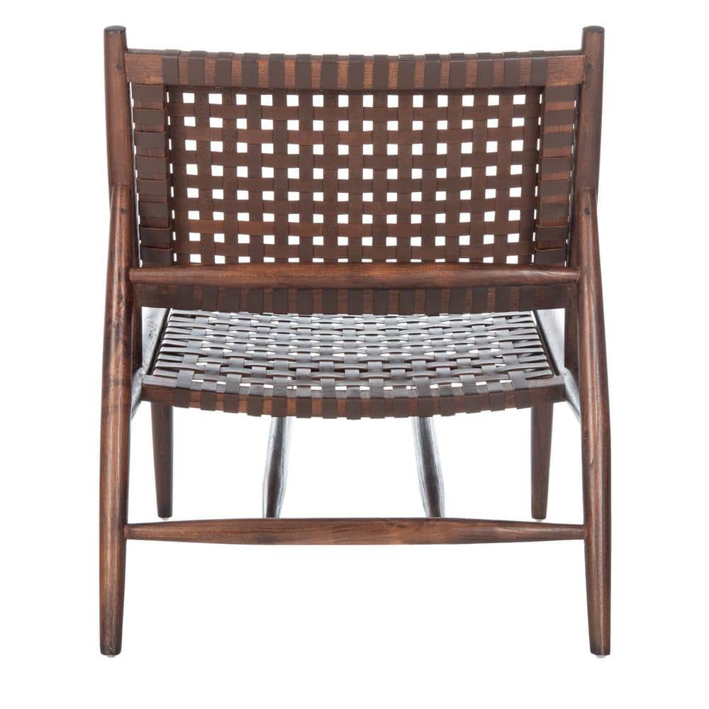Transitional Brown Leather and Sungkai Wood Armless Accent Chair