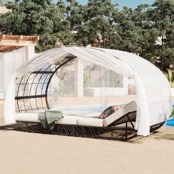 Nestfair 90.55 in. Black Wicker Outdoor Day Bed Sunbed with Curtain, Adjustable Backrest, Pillow and Beige Cushion