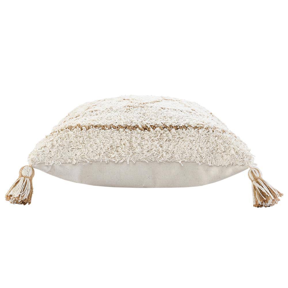 Boho-Chic Square Jute and Cotton Throw Pillow with Tassels