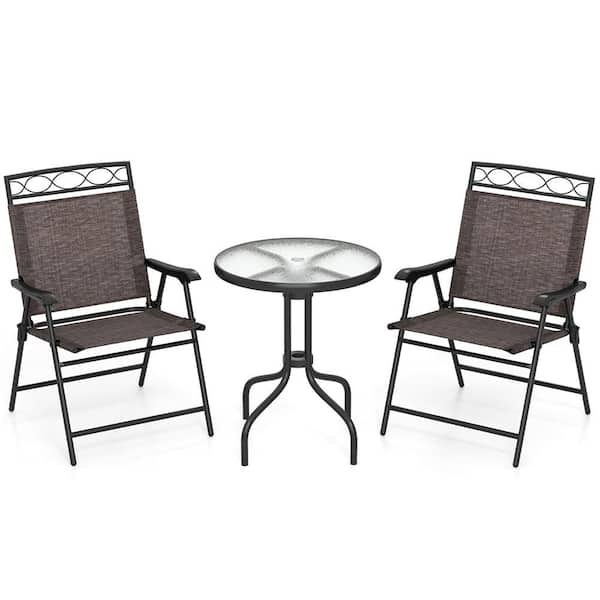 Black 3-Piece Metal Round Outdoor Bistro Set Patio Pub Dining Set with 2 Folding Chairs & Glass Table