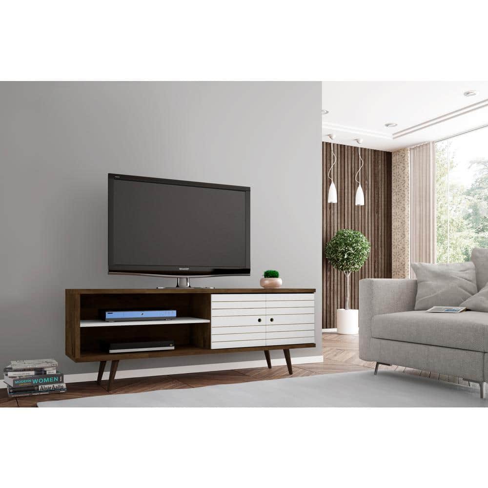 63" Rustic Brown and White Mid-Century Modern TV Stand with Cabinet