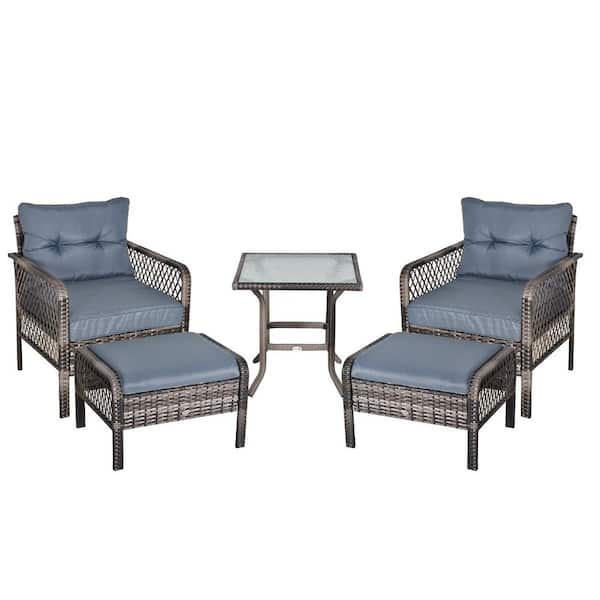FORCLOVER Gray Wicker Outdoor Lounge Chair with CushionGuard Blue Cushions and Ottomans