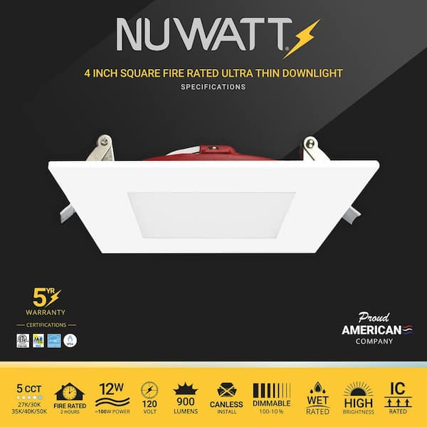 4 in. Square Trim 2HR Fire Rated Canless 27K-50K Select New Construction 12W Integrated LED Recessed Lighting Kit 12PK