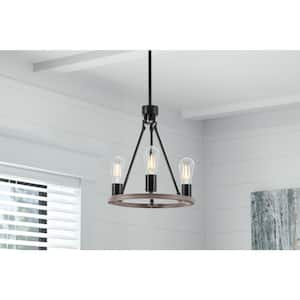 Stratton 3-Light Black and Woodgrain Wagon Wheel, Industrial Farmhouse Dining Room Chandelier with Bulbs Included