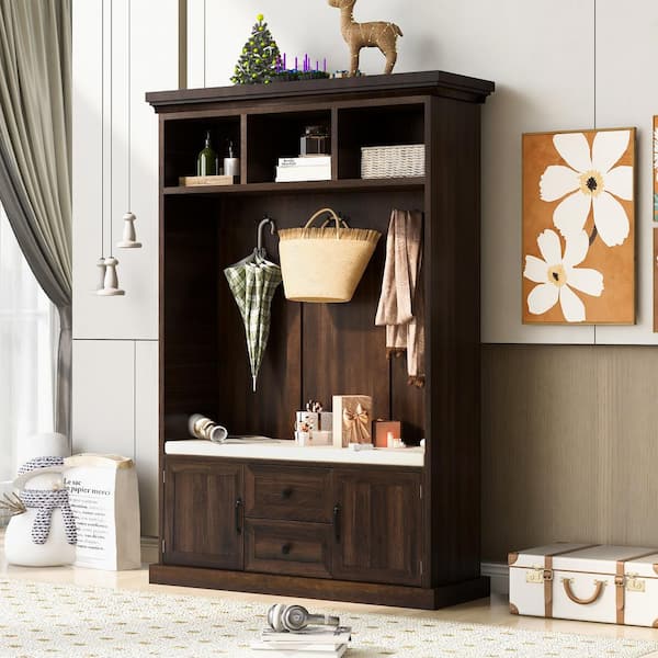 IDEAGLE Tiger Wood Hall Tree with Bench and Storage Cabinet Entryway Bench with Coat Rack and Drawers(47"W x 16"D x 71"H)