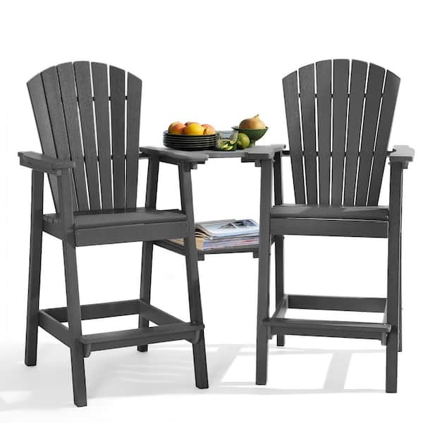 Dark Grey HDPE Tall Adirondack Chair with Removable Double Connecting Trays for Deck, Balcony, Patio (2-Pack)