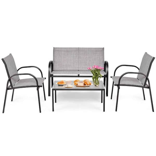 Alpulon Gray 4-Piece Metal Patio Conversation Set with Glass Top Coffee Table