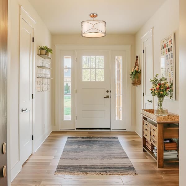 16 in. 3-Light Transitional Gold Semi-Flush Mount Light with Fabric Shade, Ceiling Light for Cloakroom, Bedroom, Foyer