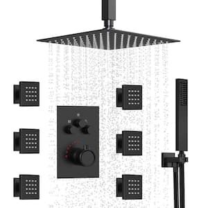 Thermostatic Shower System 7-Spray Ceiling Mount Square Shower Head with 6-Jets in Matte Black (Valve Included)