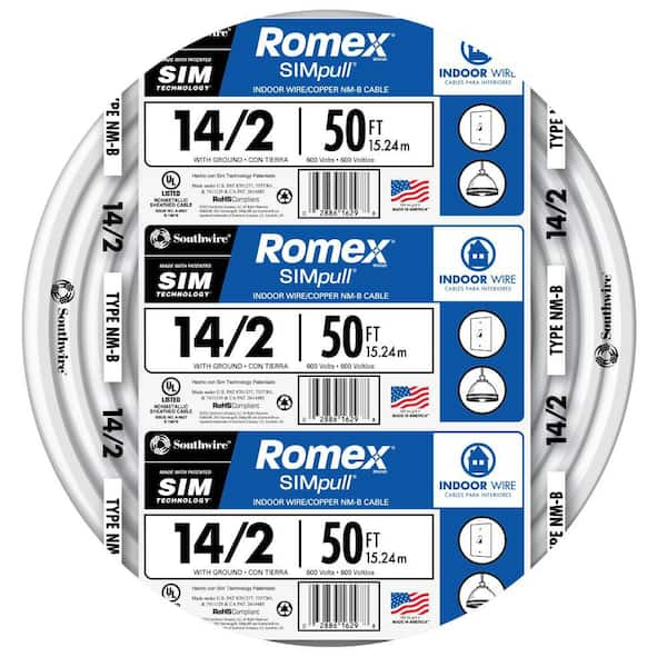 Southwire 50 ft. 14/2 Solid Romex Simpull CU NM-B W/G Wire 28827422 - The  Home Depot