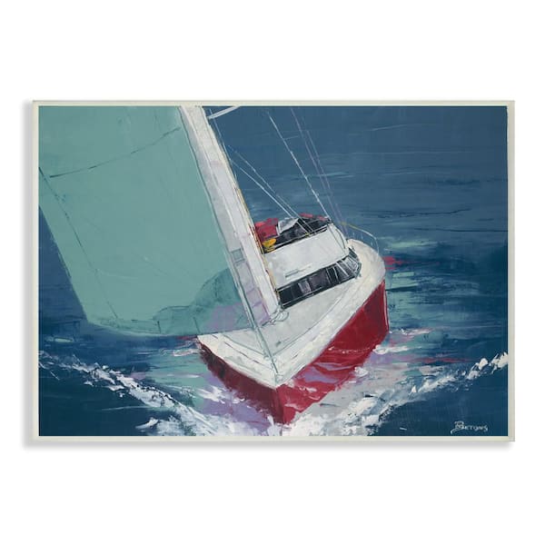 Stupell Industries 10 in. x 15 in. "Red White and Blue Sailboat Cruising the Ocean Painting" by Artist Third and Wall Wood Wall Art
