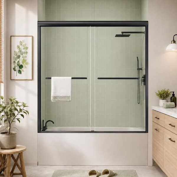 56 to 60 in. W x 58 in. H Sliding Framed Tub Door in Matte Black with Clear Glass