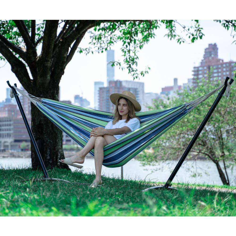9 ft Blue and Green Cotton Double Hammock with Stand