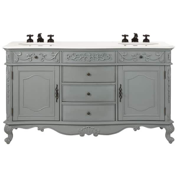 Home Decorators Collection Winslow 60 in. W Double Bath Vanity in Antique Grey with Marble Vanity Top in White