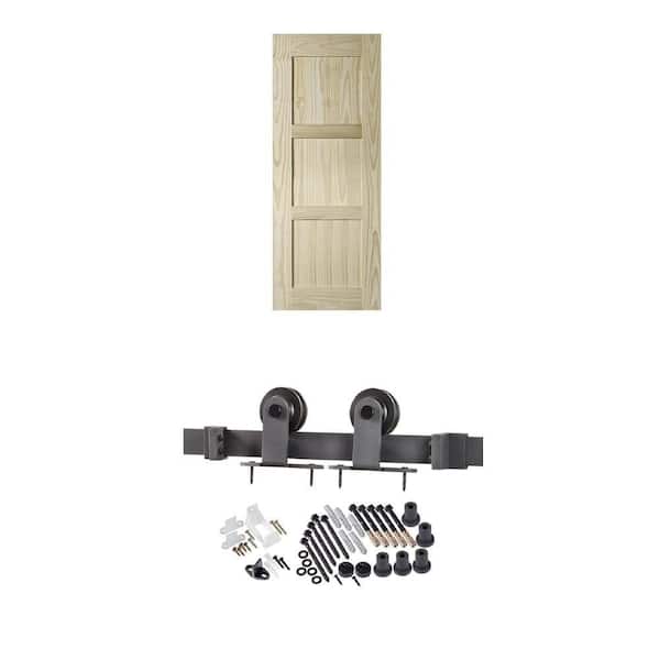 37 in. x 84 in. Pine Barn Door Slab and 78.75 in. Black Steel Track Hardware Kit