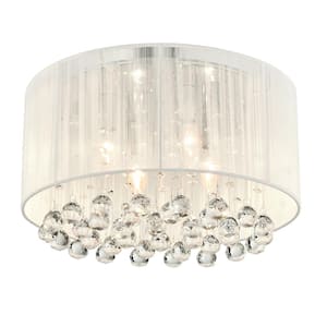 Belle 4-Light Chrome Flush Mount with White Threaded Drum Shade and Clear Glass Hanging Crystals