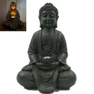 1-Light 16 in. Integrated LED Solar Powered Zen Buddha Decor Statue with Lotus Flower