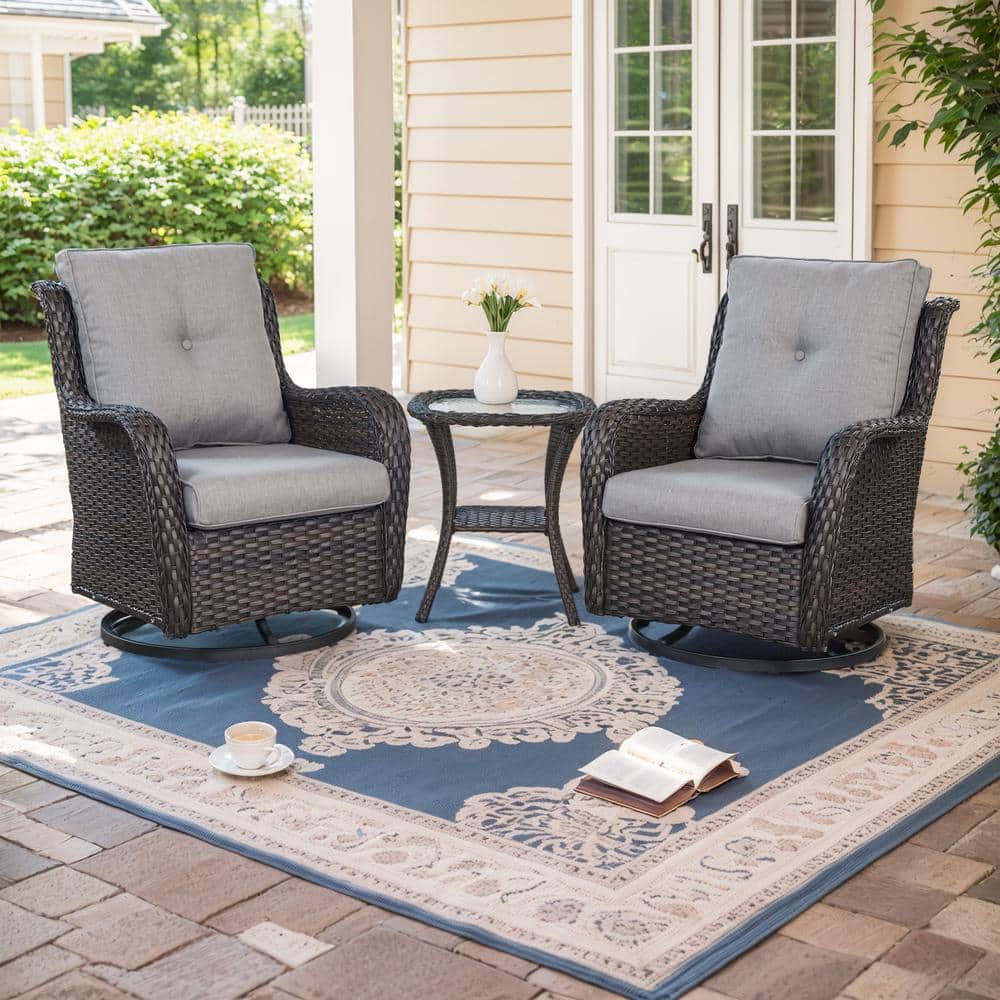 Arcline Brown 3-Piece Wicker Outdoor Rocking Chair Patio Conversation Set with Gray Cushions and Side Table price history on PriceWatchPro