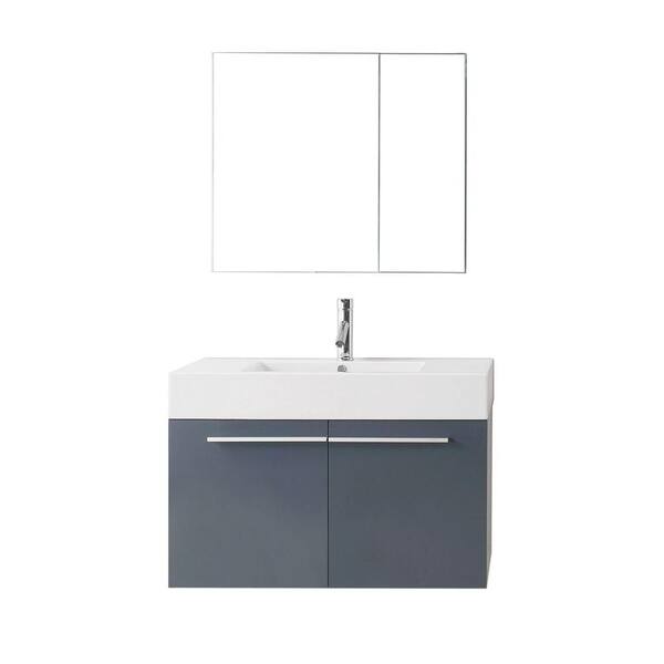 Virtu USA Midori 36 in. W Bath Vanity in Gray with Vanity Top in White with Square Basin and Mirror and Faucet