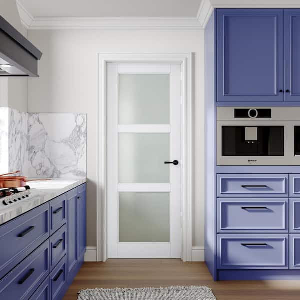 30 in. x 80 in. 3-Lite Frosted Glass Left White Solid Core Wood Single Prehung Interior Door with Quick Assemble Jamb
