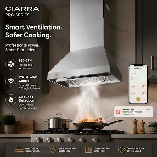 Pro Series 36 in. Smart Wall Mount Ducted Range Hood in Stainless Steel with WiFi, Voice Control and Gas Leak Detection