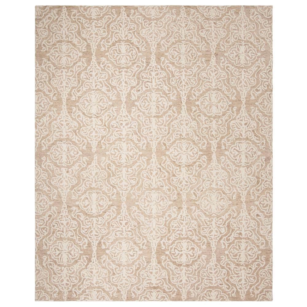 Beige and Ivory Floral Wool 9' x 12' Handmade Tufted Rug
