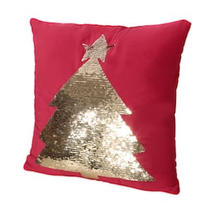 Tijeras Red and Gold Sequin Tree Velvet 18 in. x 18 in. Christmas Throw Pillow Cover