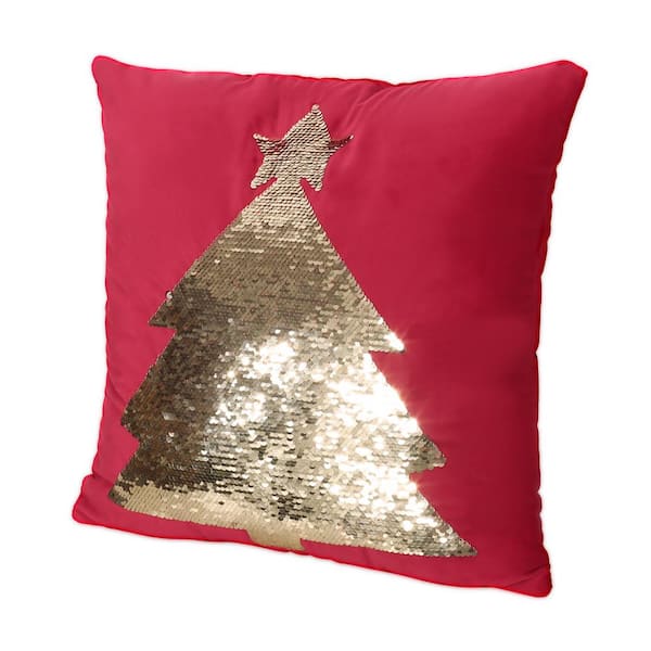 Noble House Tijeras Red and Gold Sequin Tree Velvet 18 in. x 18 in. Christmas Throw Pillow Cover