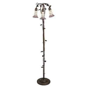 Pond Lily 58 in. Mahogany Bronze Victorian 3-Light Dimmable Arc Floor Lamp with Stained Glass Cone Shade