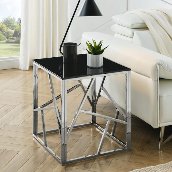 Zeus & Ruta 20 in. Modern Glass End Table in Chrome with Geometric Metal Frame, Accent Table Nightstand for Living Room, Bedroom