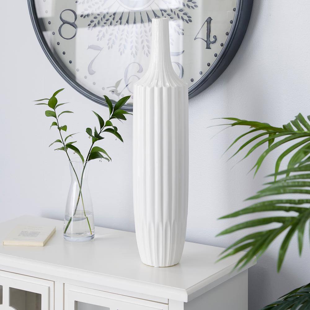 Modern White Ceramic Vase with Stripe Texture 23" Height
