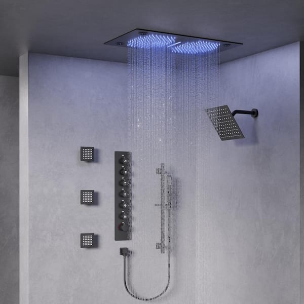 GRANDJOY AuroraSymphony LED Bluetooth 6-Spray Ceiling Mount 28 and 10 in. Dual Showers 3-Jet Handheld 2.5 GPM in Matte Black