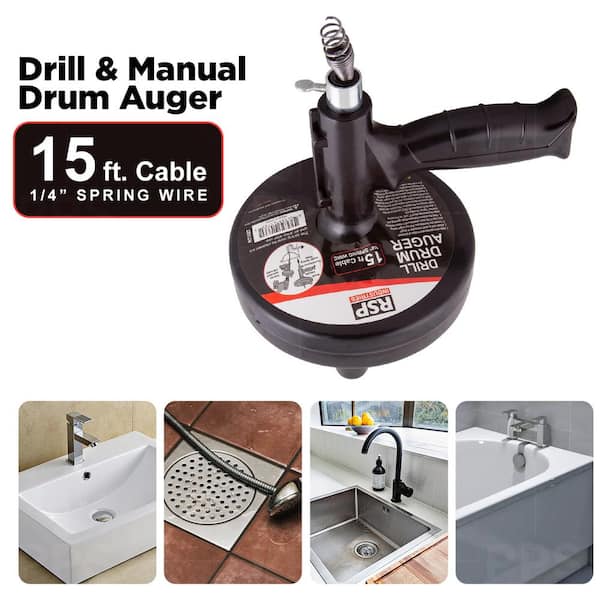 Drill-Powered Drum Auger Pipe Plumbing Snake Clog Sink Toilet 15 Ft. 