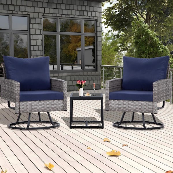 JUSKYS 3-Piece Outdoor Conversation Set Handwoven Dark Gray Rattan Wicker Chairs with Dark Blue Cushions, Tempered Glass Table