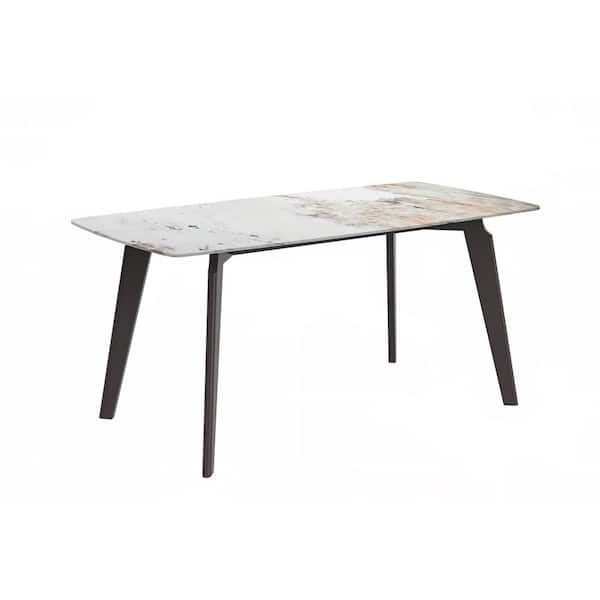 Leisuremod Krevor Series Modern White Grey Stone 62 in. Rectangular Wide Tabletop and 4 Legs Black Steel Dining Table Seats 6