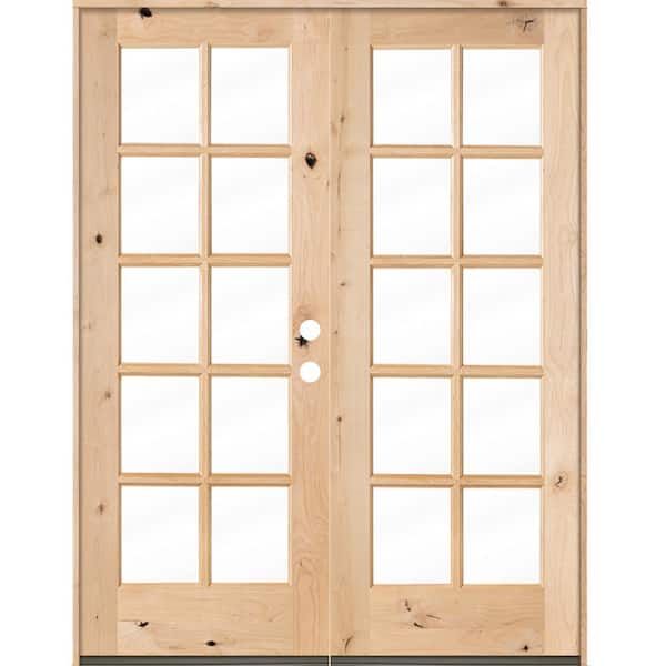 Krosswood Doors 64 in. x 80 in. French Knotty Alder Left Hand Inswing 10-Lite Clear Glass Unfinished Wood Double Prehung Front Door
