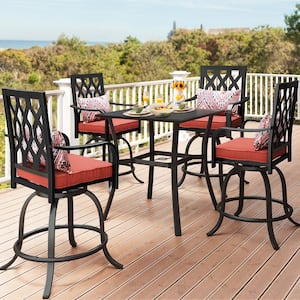 5-Piece Aluminum Square Patio Outdoor Dining Set with Red Cushions