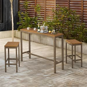 Humphrey 3 Piece 55 in. Teak Alu Outdoor Patio Dining Set Pub Height Bar Table Plastic Top With Bar Stools For Balcony